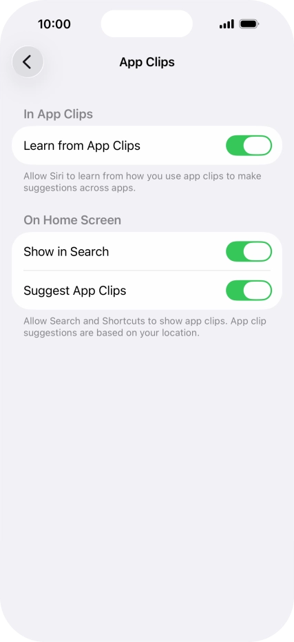 Press the indicators next to the required settings to turn them on or off.
