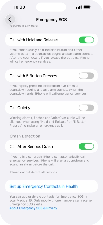 Press Set up Emergency Contacts in Health and follow the instructions on the screen to key in your emergency info and emergency contacts.