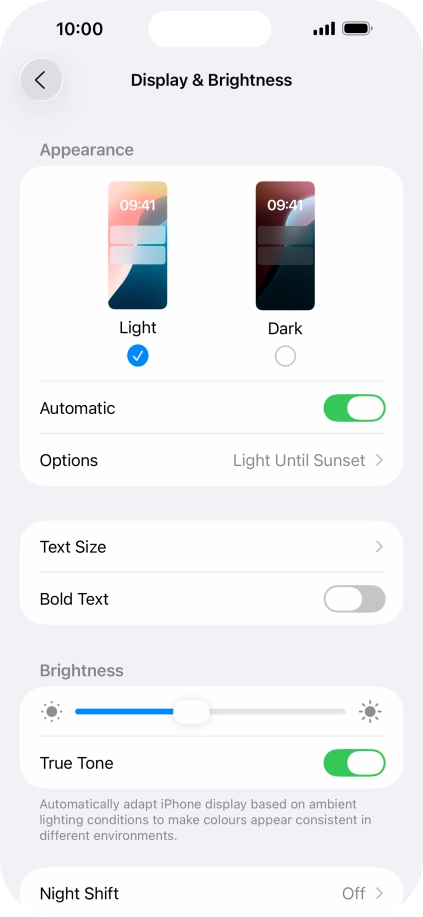 If you turn on the function, press Options and follow the instructions on the screen to select the required period of time for Dark Mode.