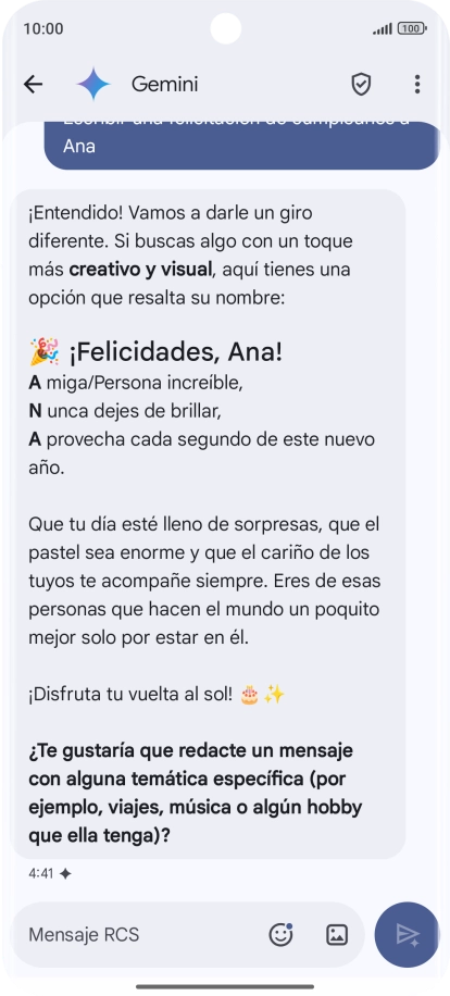 La propuesta de texto de Gemini se visualiza ahora en la pantalla.