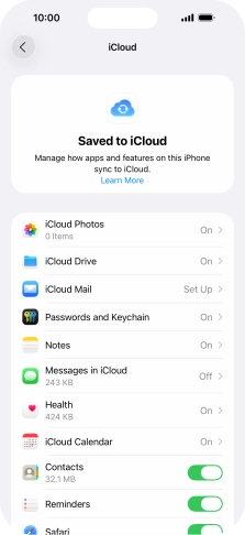 Press the indicators next to the required data types to turn synchronisation of each data type on or off.
