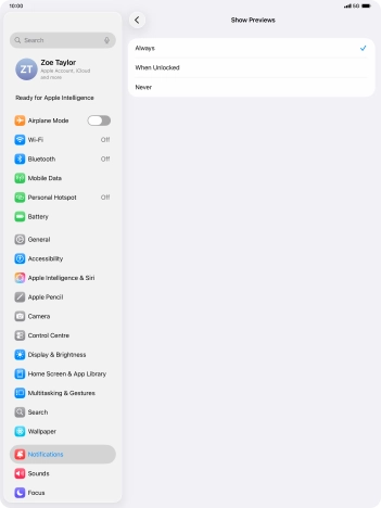 To select notification preview on the lock screen, press Always.