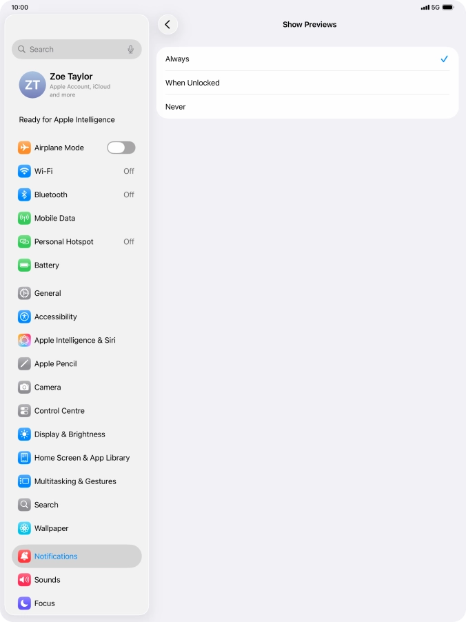 To select notification preview on the lock screen, press Always.