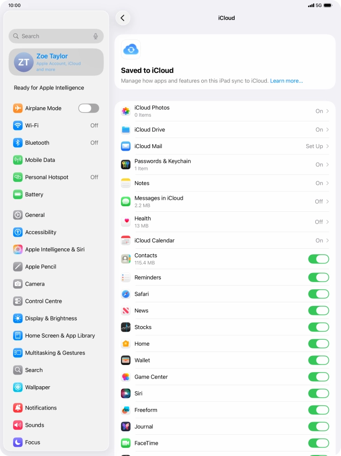 Press the indicators next to the required data types to turn synchronisation of each data type on or off.