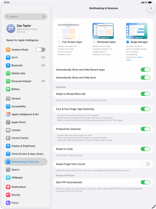 Press the indicators next to the required settings to turn them on or off.