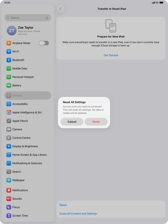 Press Reset. Wait a moment while the factory default settings are restored. Follow the instructions on the screen to set up your tablet and prepare it for use.