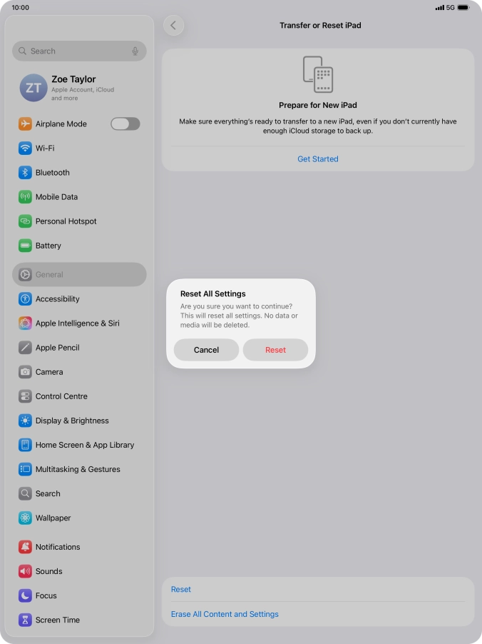 Press Reset. Wait a moment while the factory default settings are restored. Follow the instructions on the screen to set up your tablet and prepare it for use.
