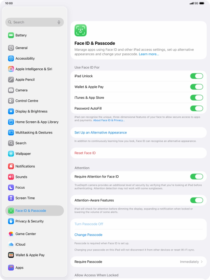 Press the indicators next to the required settings to turn them on or off.