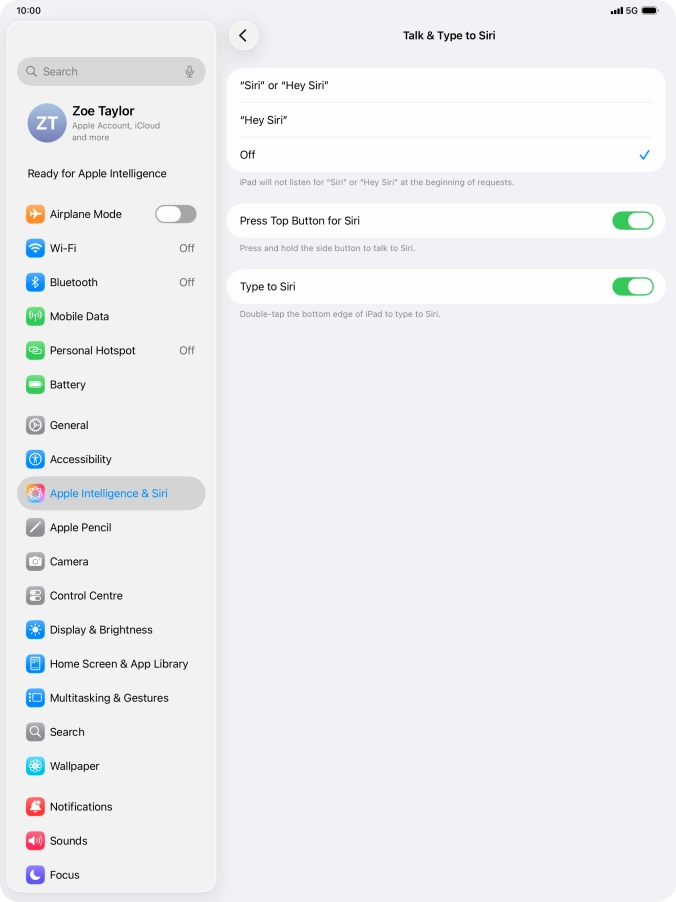 Press the required setting to turn the function on or off. If you turn on the function, you need to follow the instructions on the screen to set up Siri to recognise your voice.