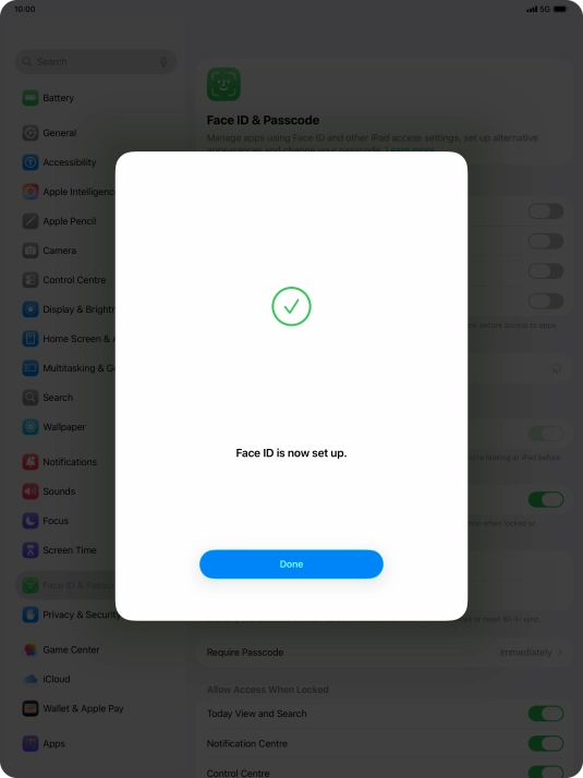 Press Done. If you haven't previously selected a lock code, key in a code of your own choice twice.