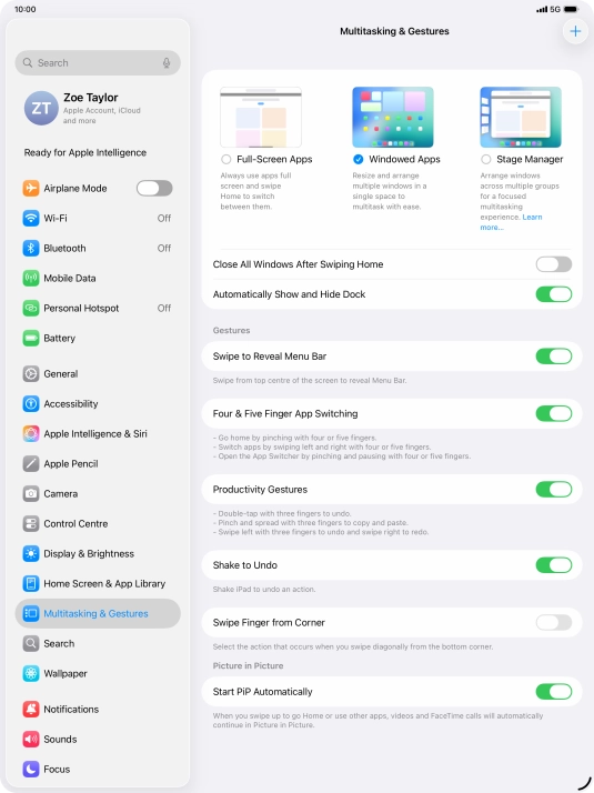 Press the indicators next to the required settings to turn them on or off.
