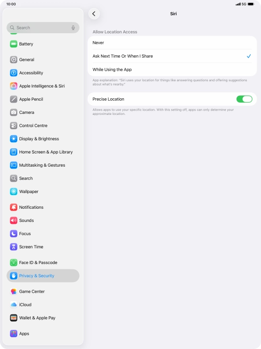 Press the required setting to turn the function on or off.