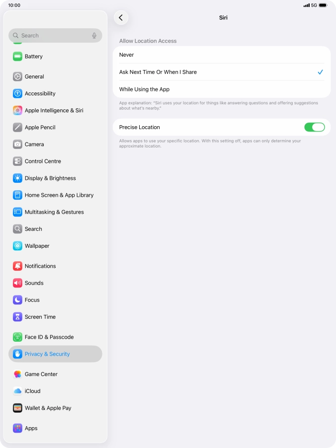 Press the required setting to turn the function on or off.
