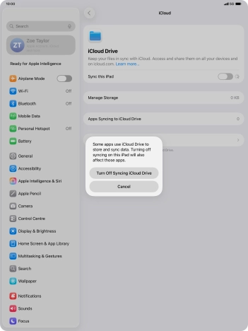 If you turn off the function, press Turn Off Syncing iCloud Drive.