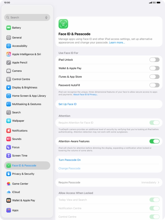 Press Turn Passcode On and key in a lock code of your own choice twice.
