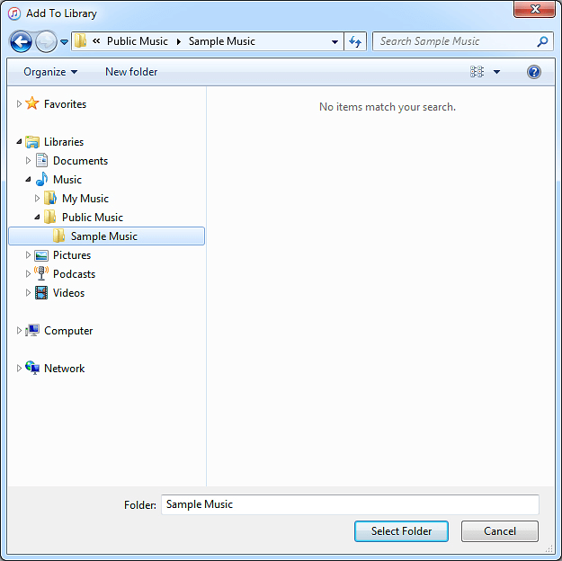 Go to the required file or folder in your computer's file system and follow the instructions on the screen to add a file or folder to the iTunes library.