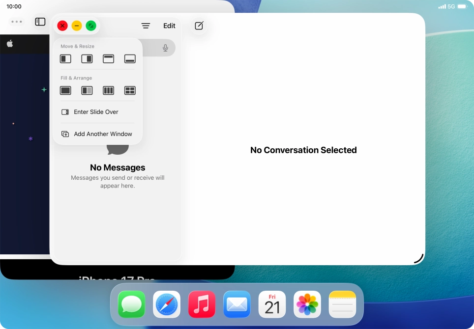 Press the required setting to place the application window on the opposite side of the screen from the first application window.