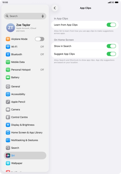 Press the indicators next to the required settings to turn them on or off.