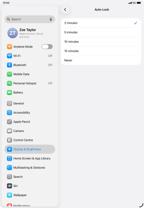 Press the required setting.