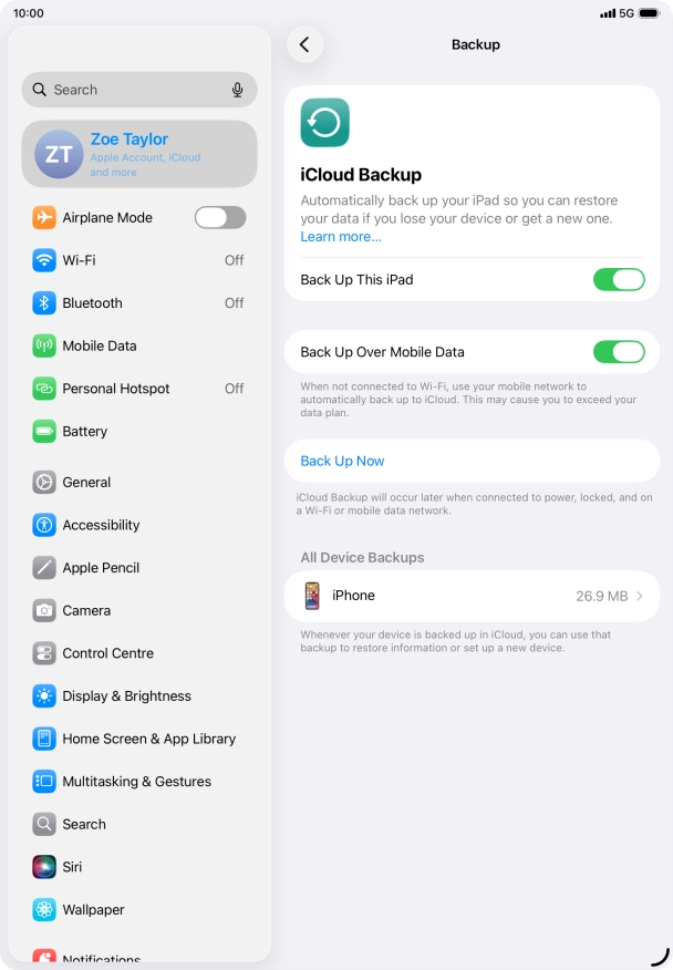Press Back Up Now and wait while the tablet memory is backed up.