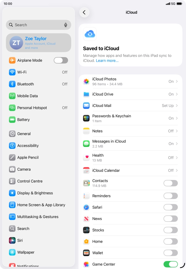 Press the indicators next to the required data types to turn synchronisation of each data type on or off.