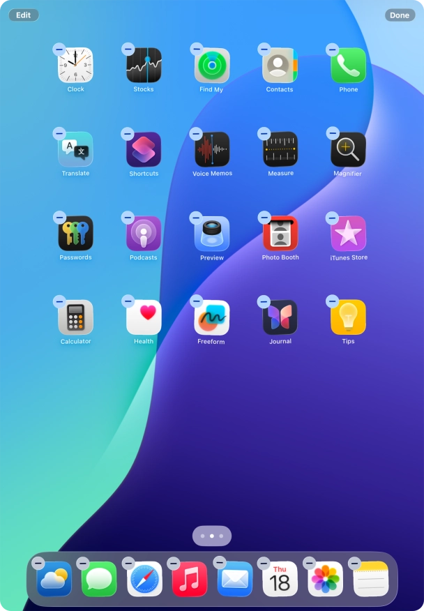 To remove an application from Dock, press and hold the required application and drag it upwards from Dock.