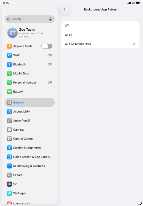 To turn off background refresh of apps, press Off.