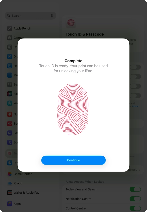 Press Continue. If you haven't previously selected a lock code, key in a code of your own choice twice.