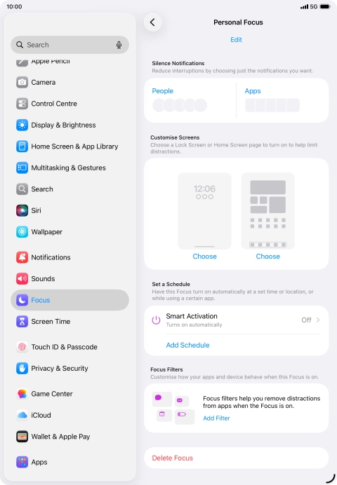 Press People and follow the instructions on the screen to select which contacts you would like to receive calls and notifications from when the selected focus mode is active.