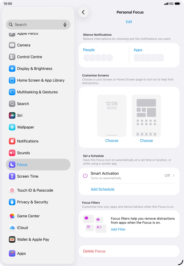 Press People and follow the instructions on the screen to select which contacts you would like to receive calls and notifications from when the selected focus mode is active.