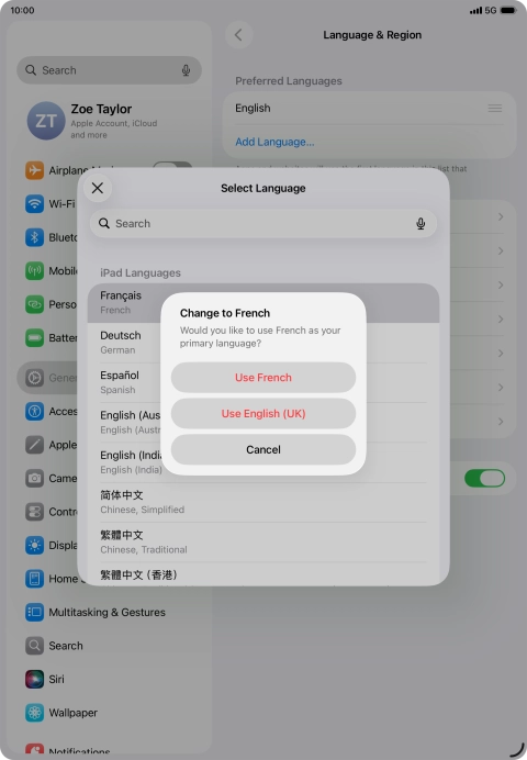 To select the new language as the default tablet language, press Use ‹language›.