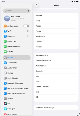 Your tablet's EID number is displayed below EID.