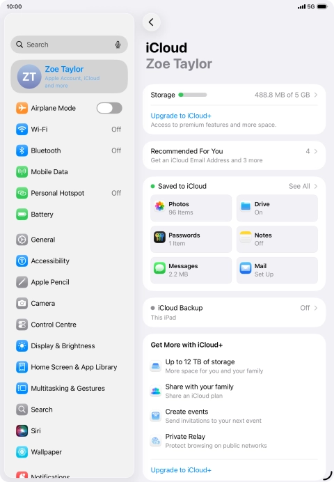 Press iCloud Backup.