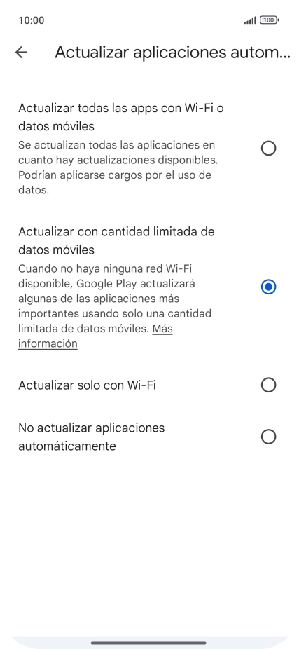 Para activar la actualización automática de apps a través de la red móvil, pulsa el campo junto a 