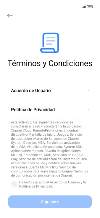 Pulsa en el campo  para aceptar los términos y condiciones.