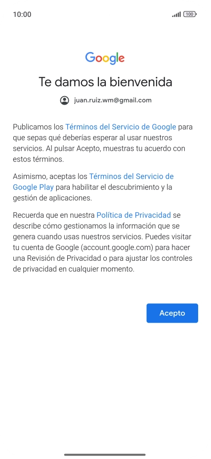 Pulsa Acepto y sigue las indicaciones de la pantalla para seleccionar los ajustes de tu cuenta de Google.