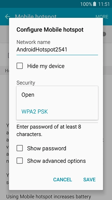 If you don't want to password protect your hotspot:Press Open.