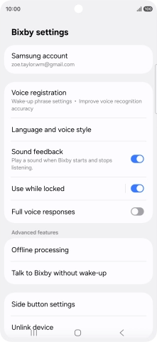 Press Voice registration and follow the instructions on the screen to turn automatic activation on or off.