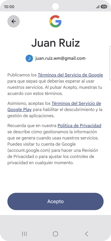Pulsa Acepto y sigue las indicaciones de la pantalla para seleccionar los ajustes de tu cuenta de Google.