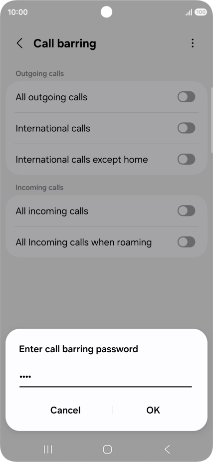 Key in your barring password and press OK. The default barring password is 1919.