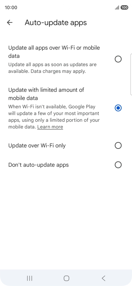 To turn on automatic update of apps using mobile network, press Update all apps over Wi-Fi or mobile data.