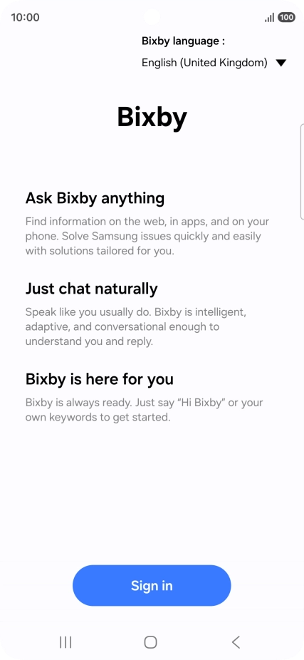 Press Sign in and follow the instructions on the screen to log on to your Samsung account.
