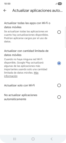 Para activar la actualización automática de apps utilizando la red móvil, pulsa Actualizar todas las apps con Wi-Fi o datos móviles.