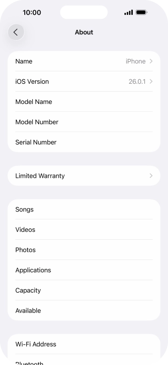 Your phone's software version is displayed next to iOS Version.