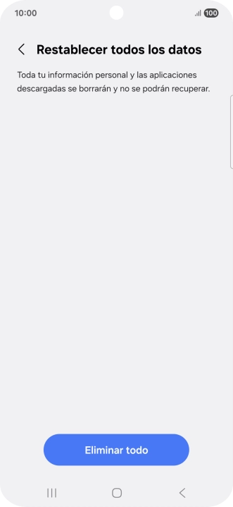 Pulsa Eliminar todo. Espera unos instantes mientras el teléfono restablece la configuración predeterminada. Sigue las indicaciones de la pantalla para configurar el teléfono y dejarlo listo para su uso.
