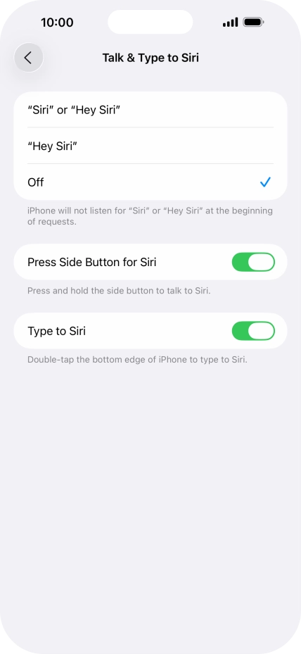 Press the required setting to turn the function on or off. If you turn on the function, you need to follow the instructions on the screen to set up Siri to recognise your voice.