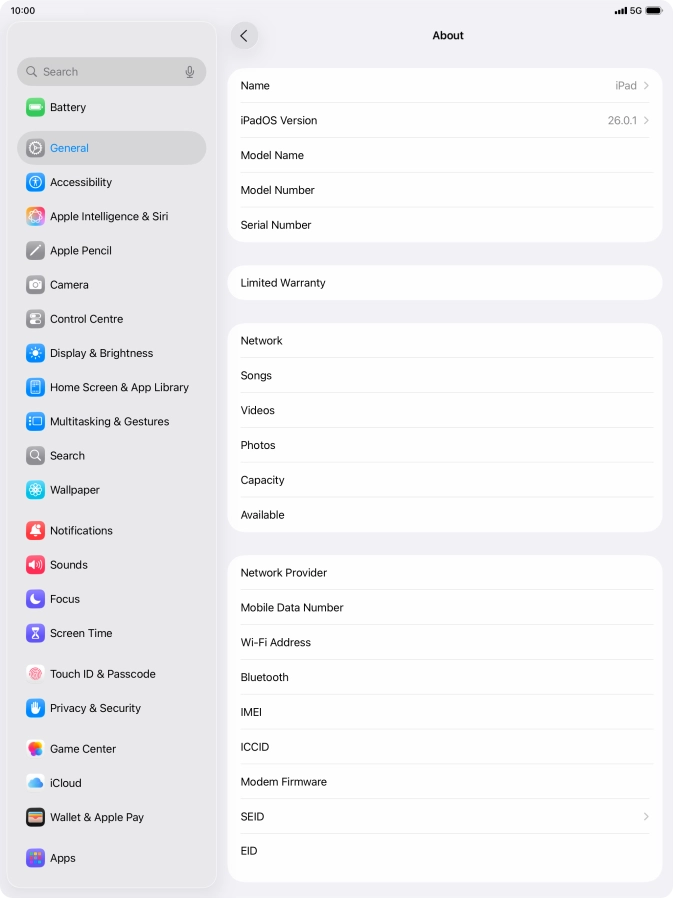 Your tablet's software version is displayed next to iPadOS Version.