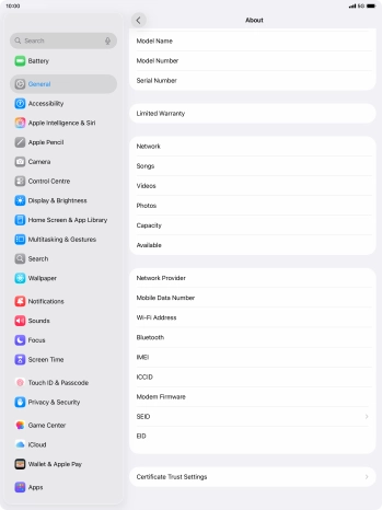Your tablet's EID number is displayed below EID.