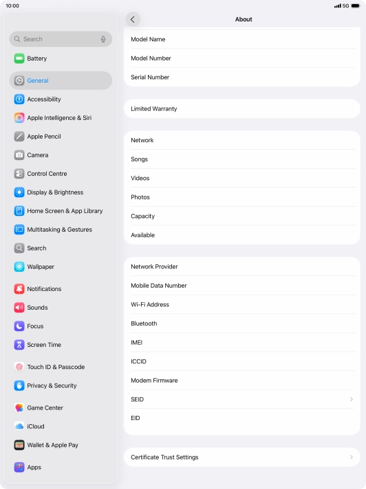 Your tablet's EID number is displayed below EID.