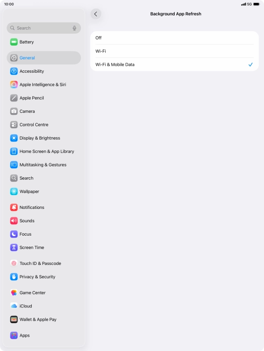 To turn off background refresh of apps, press Off.